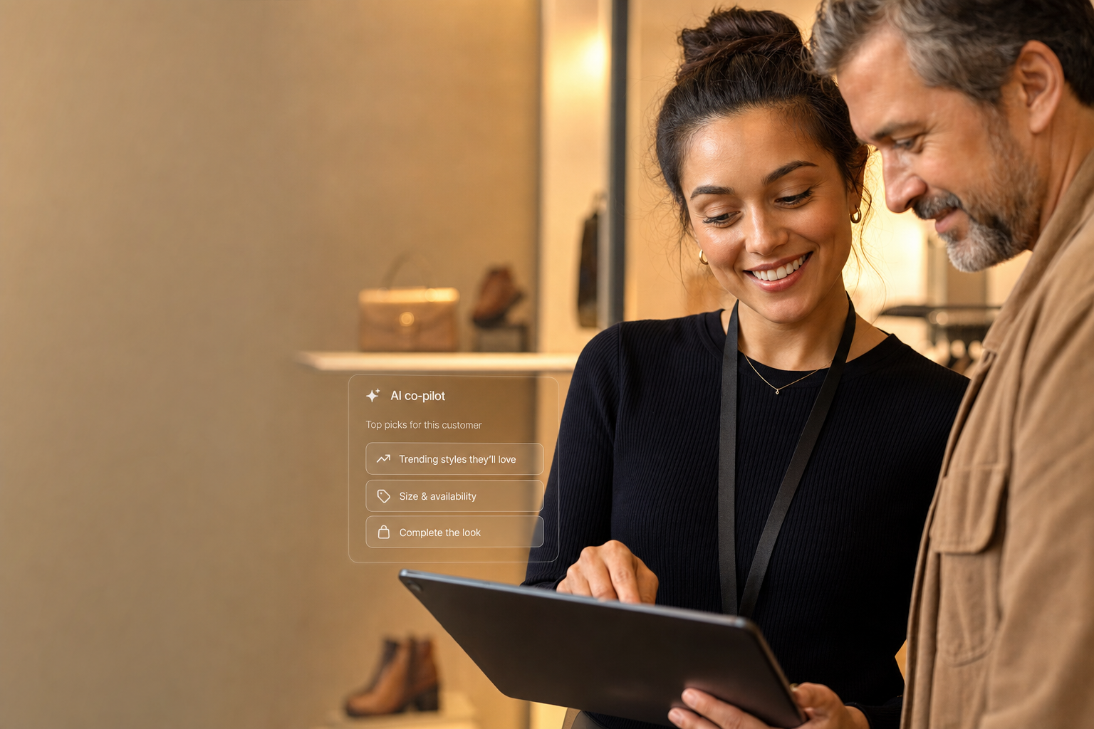 Store associate and customer using tablet with AI co-pilot suggestions